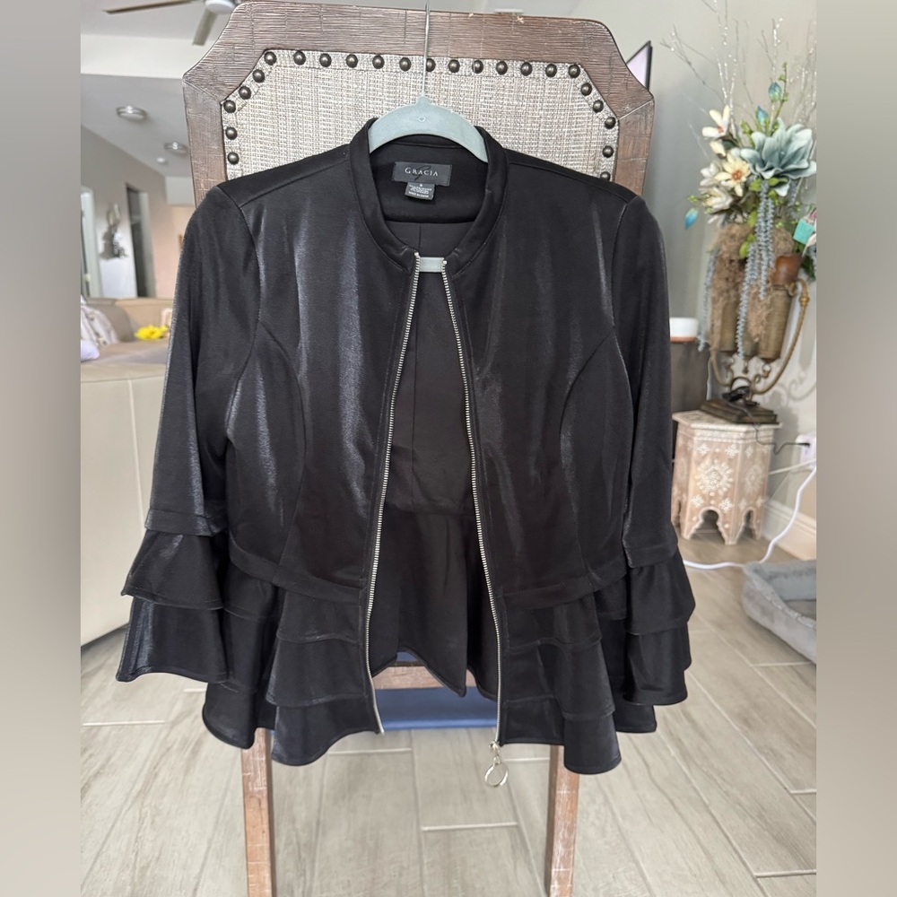 Gracia Shiny Black Ruffle
Peplum Jacket NWOT